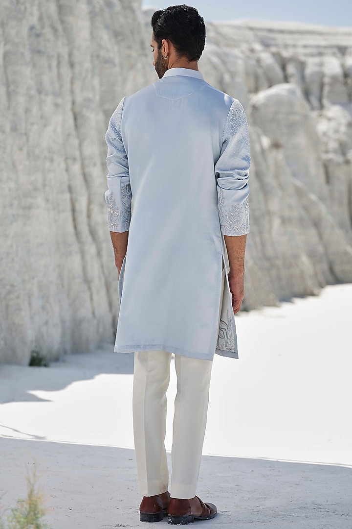 Sky Blue Modal Silk Hand Embroidered Kurta Set by Amrit Dawani at Pernia's Pop Up Shop