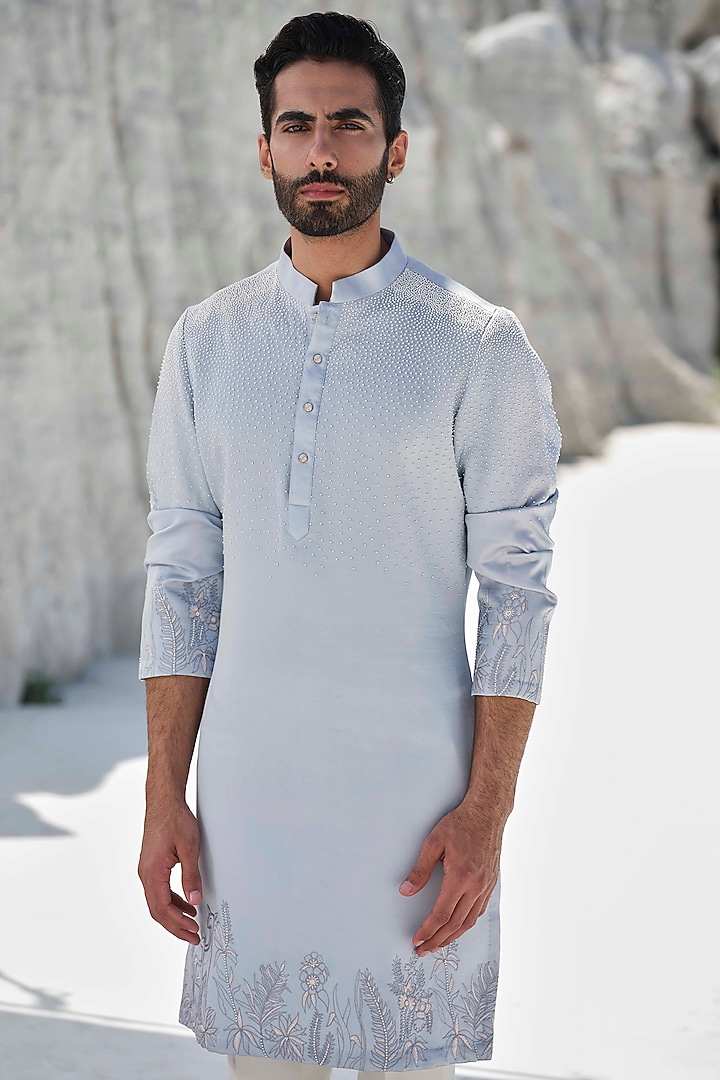 Sky Blue Modal Silk Hand Embroidered Kurta Set by Amrit Dawani at Pernia's Pop Up Shop