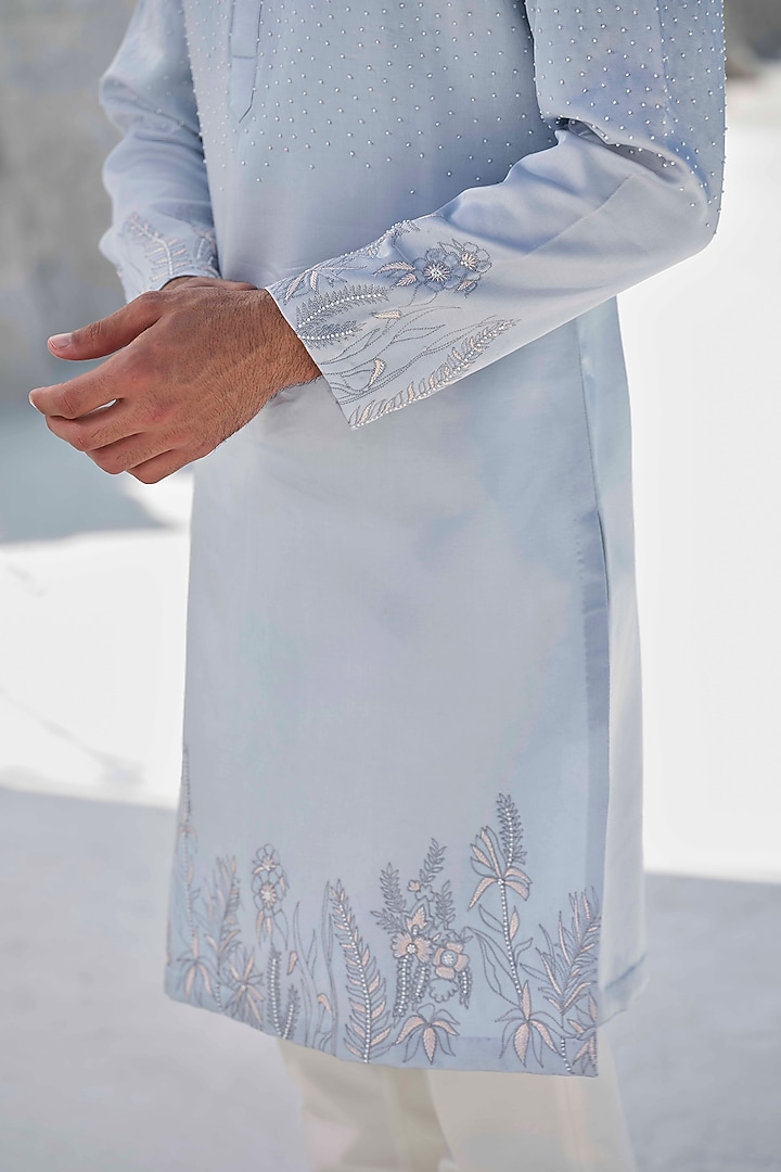 Sky Blue Modal Silk Hand Embroidered Kurta Set by Amrit Dawani at Pernia's Pop Up Shop