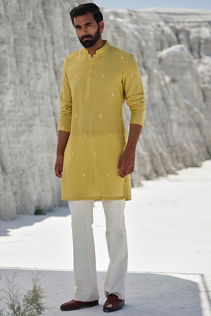 Lime Yellow Cotton Silk Blend Hand Embroidered Kurta Set by Amrit Dawani at Pernia's Pop Up Shop