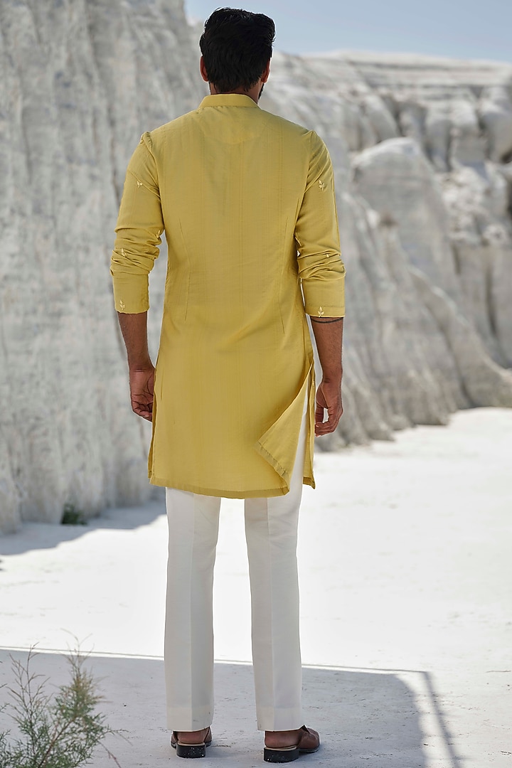 Lime Yellow Cotton Silk Blend Hand Embroidered Kurta Set by Amrit Dawani at Pernia's Pop Up Shop