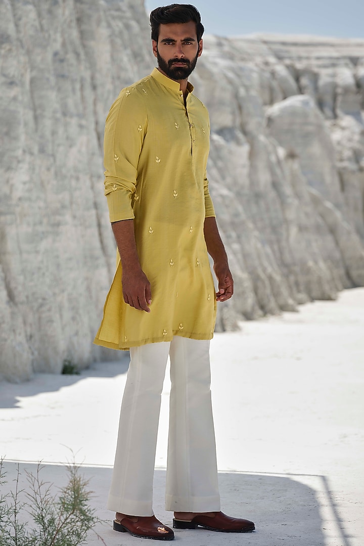 Lime Yellow Cotton Silk Blend Hand Embroidered Kurta Set by Amrit Dawani at Pernia's Pop Up Shop
