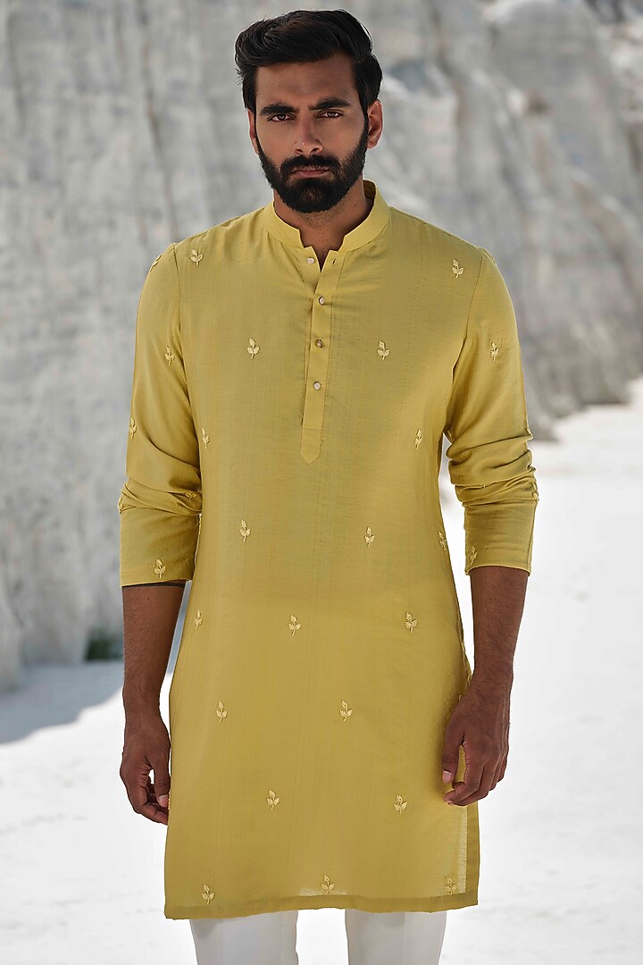 Lime Yellow Cotton Silk Blend Hand Embroidered Kurta Set by Amrit Dawani at Pernia's Pop Up Shop