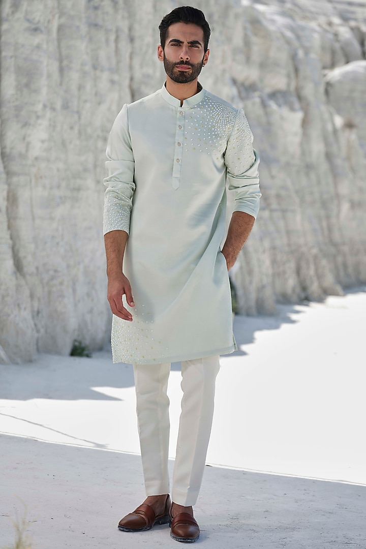 Mint Green Modal Silk Blend Hand Embroidered Kurta Set by Amrit Dawani at Pernia's Pop Up Shop