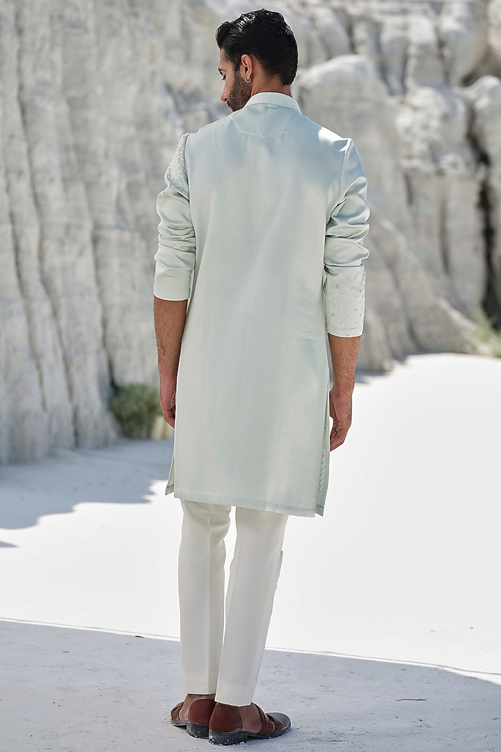 Mint Green Modal Silk Blend Hand Embroidered Kurta Set by Amrit Dawani at Pernia's Pop Up Shop