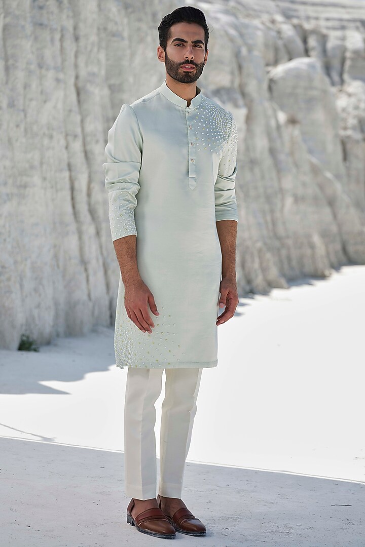 Mint Green Modal Silk Blend Hand Embroidered Kurta Set by Amrit Dawani at Pernia's Pop Up Shop