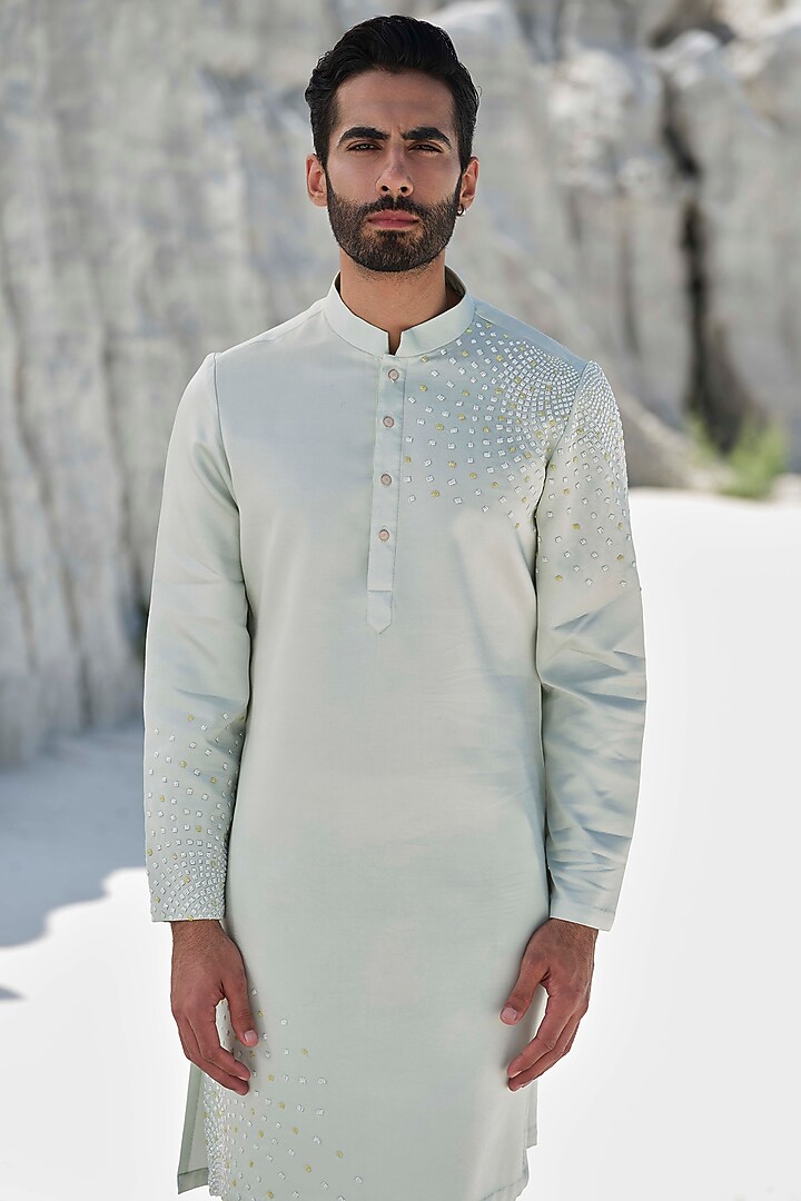 Mint Green Modal Silk Blend Hand Embroidered Kurta Set by Amrit Dawani at Pernia's Pop Up Shop