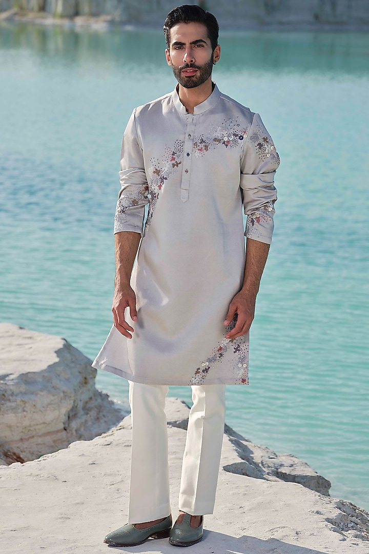 Grey Modal Silk Hand Embroidered Kurta Set by Amrit Dawani at Pernia's Pop Up Shop