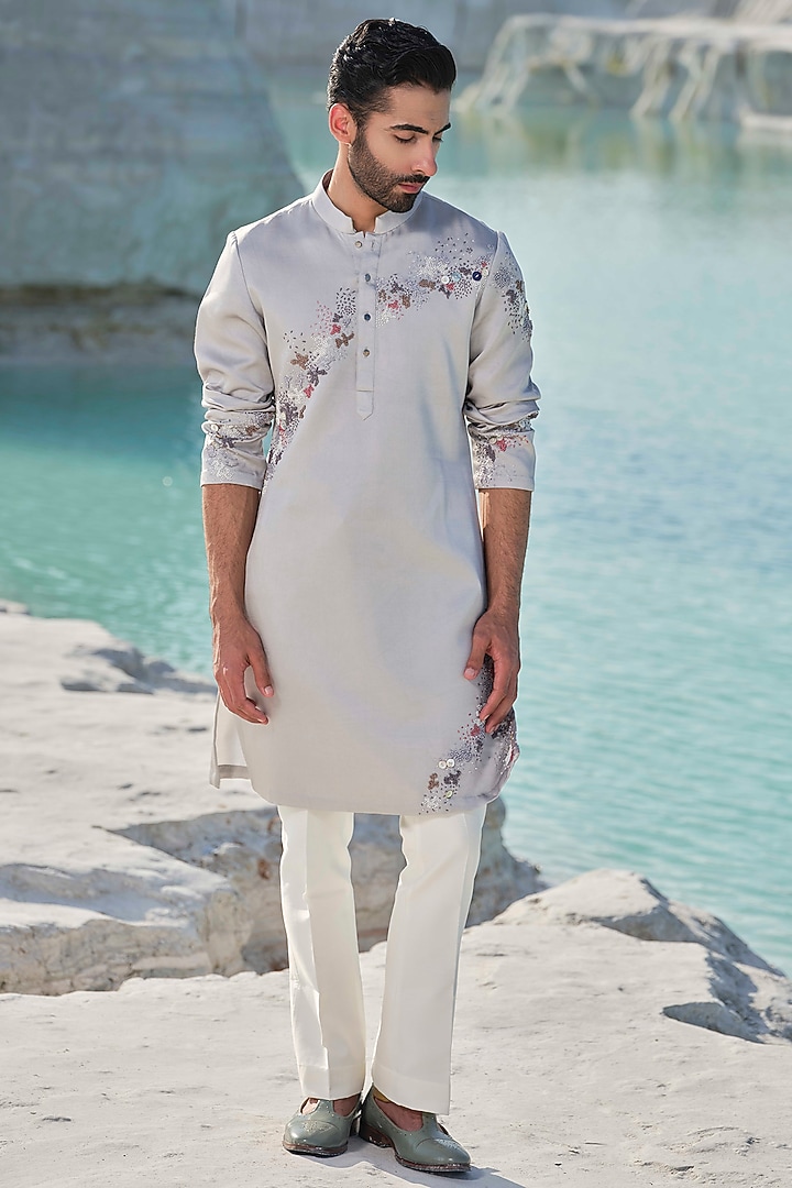 Grey Modal Silk Hand Embroidered Kurta Set by Amrit Dawani at Pernia's Pop Up Shop