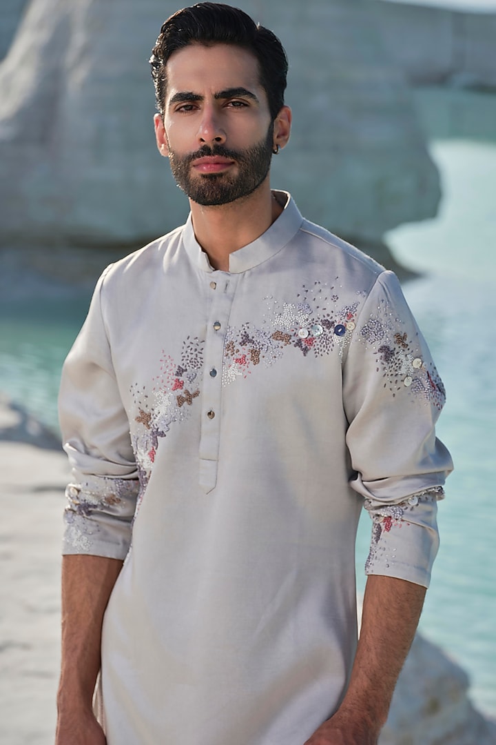 Grey Modal Silk Hand Embroidered Kurta Set by Amrit Dawani at Pernia's Pop Up Shop