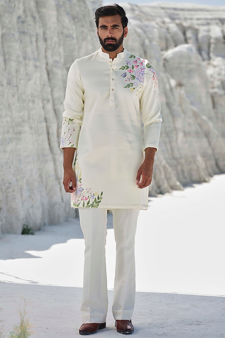 Butter Yellow Modal Silk Floral Artwork Kurta Set by Amrit Dawani at Pernia's Pop Up Shop