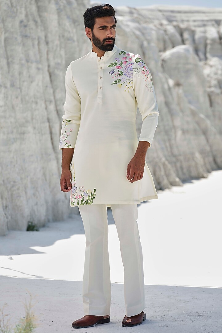 Butter Yellow Modal Silk Floral Artwork Kurta Set by Amrit Dawani at Pernia's Pop Up Shop