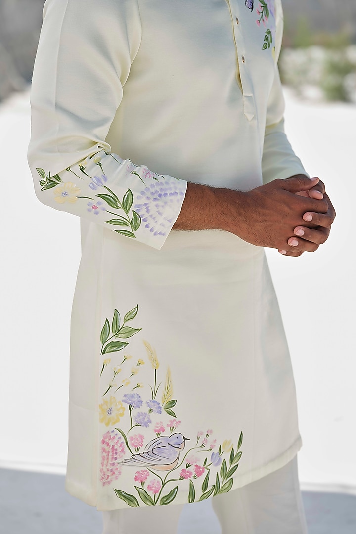 Butter Yellow Modal Silk Floral Artwork Kurta Set by Amrit Dawani at Pernia's Pop Up Shop