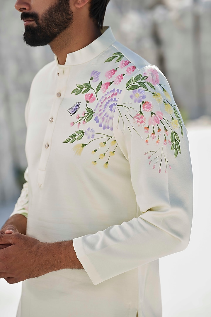 Butter Yellow Modal Silk Floral Artwork Kurta Set by Amrit Dawani at Pernia's Pop Up Shop