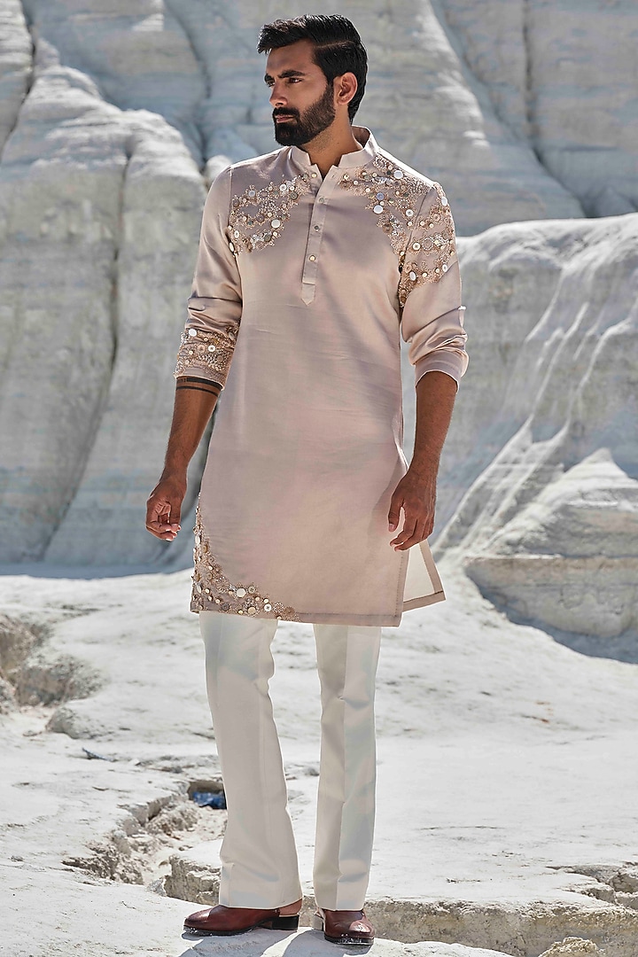 Rose Gold Modal Silk Sequin Embellished Kurta Set by Amrit Dawani at Pernia's Pop Up Shop