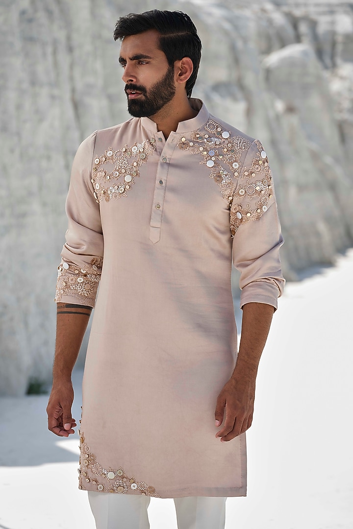 Rose Gold Modal Silk Sequin Embellished Kurta Set by Amrit Dawani at Pernia's Pop Up Shop