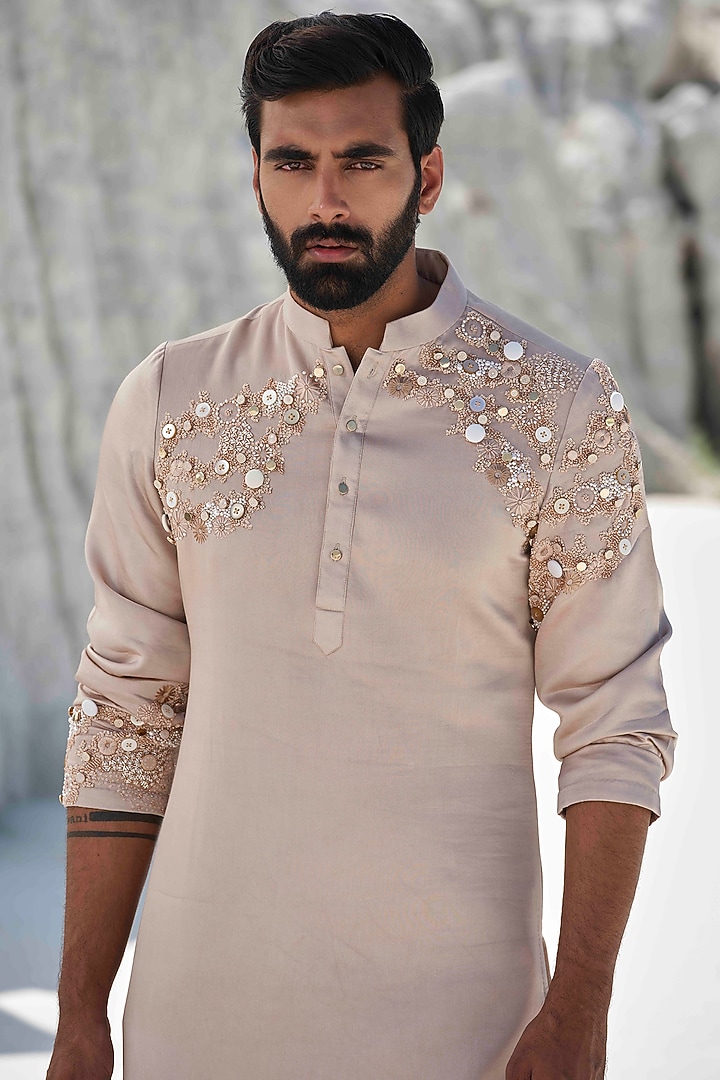 Rose Gold Modal Silk Sequin Embellished Kurta Set by Amrit Dawani at Pernia's Pop Up Shop