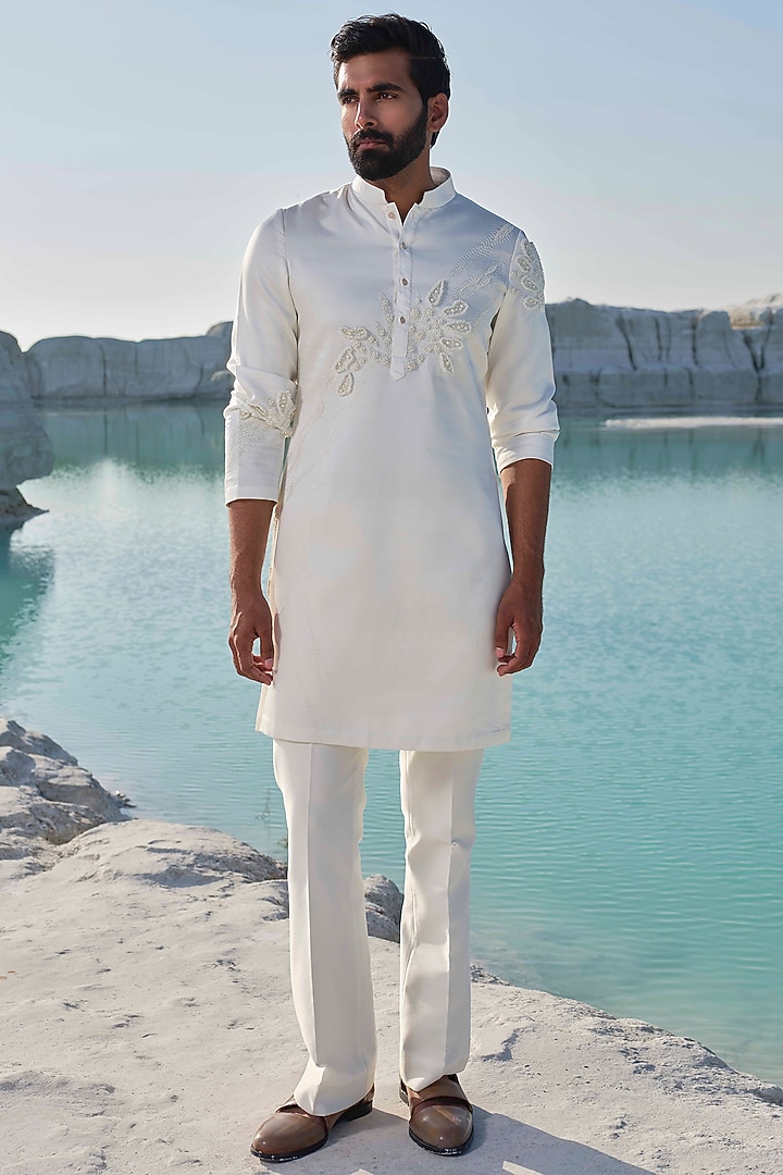 Ivory Modal Silk Bead Embroidered Kurta Set by Amrit Dawani at Pernia's Pop Up Shop