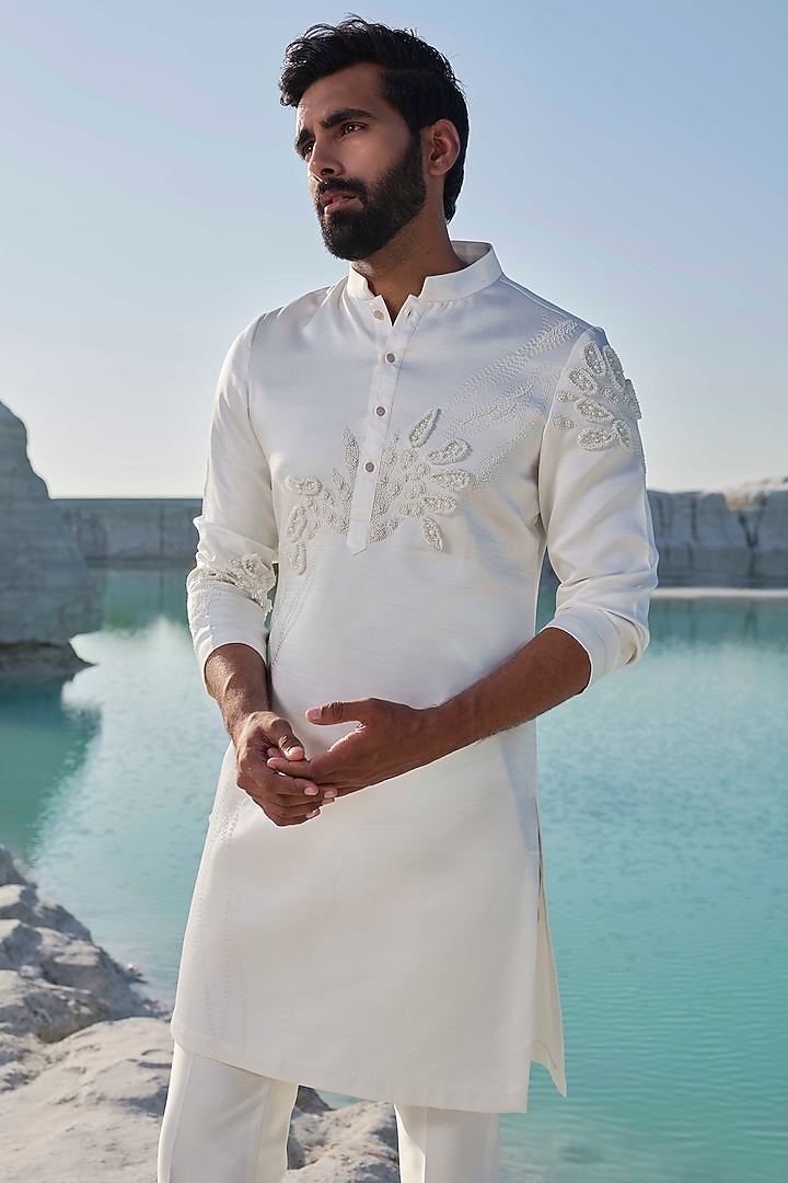 Ivory Modal Silk Bead Embroidered Kurta Set by Amrit Dawani at Pernia's Pop Up Shop