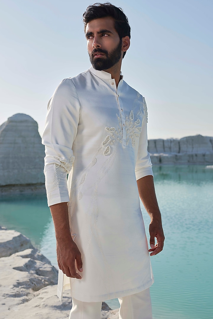 Ivory Modal Silk Bead Embroidered Kurta Set by Amrit Dawani at Pernia's Pop Up Shop