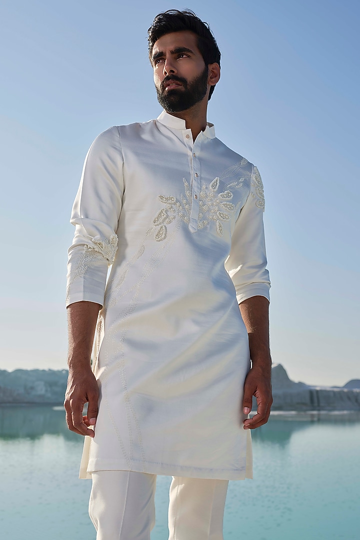 Ivory Modal Silk Bead Embroidered Kurta Set by Amrit Dawani at Pernia's Pop Up Shop