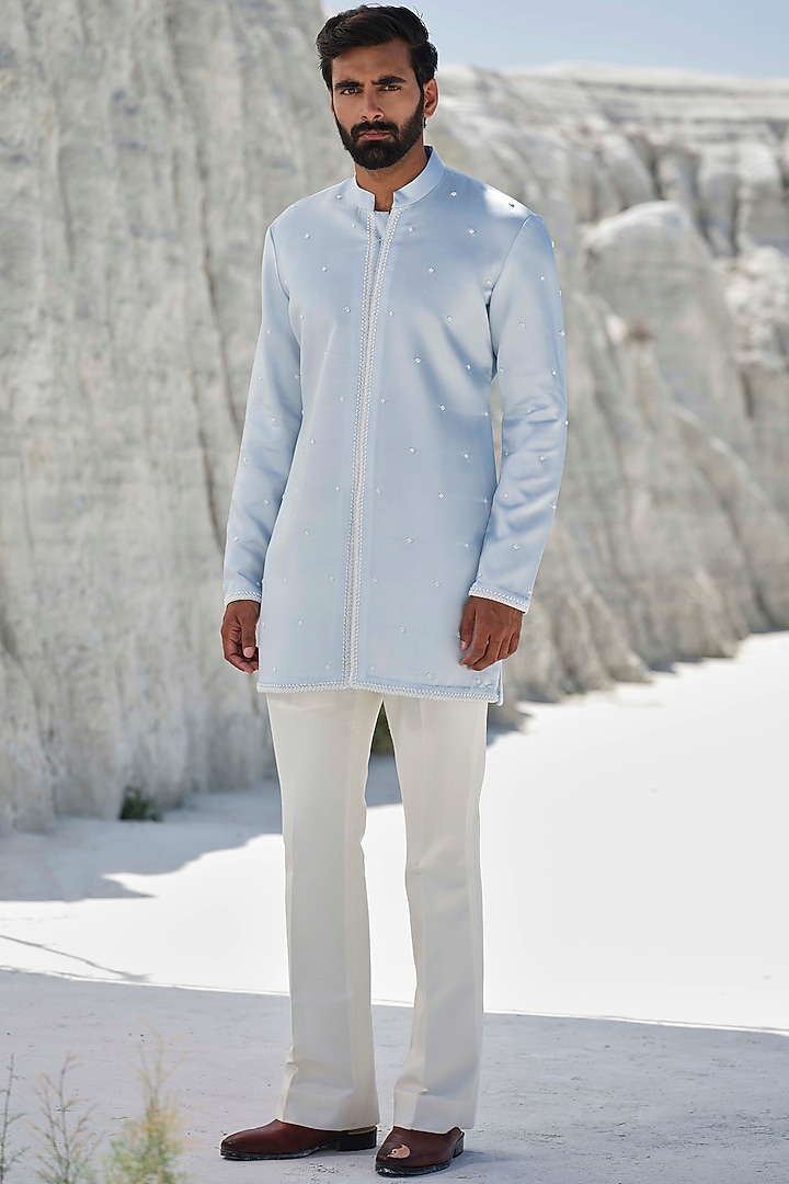 Powder Blue Modal Silk Pearl Embroidered Kurta Set by Amrit Dawani at Pernia's Pop Up Shop