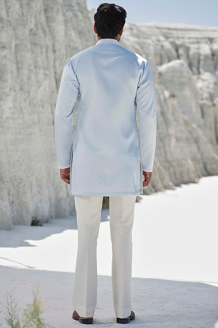 Powder Blue Modal Silk Pearl Embroidered Kurta Set by Amrit Dawani at Pernia's Pop Up Shop