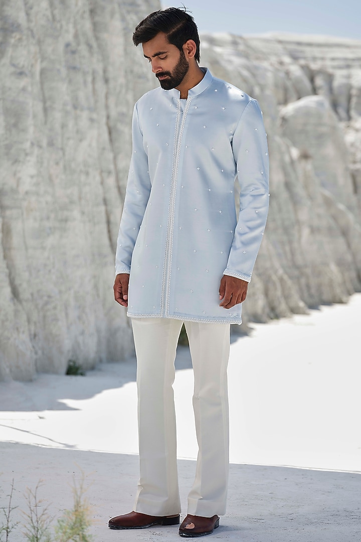Powder Blue Modal Silk Pearl Embroidered Kurta Set by Amrit Dawani at Pernia's Pop Up Shop