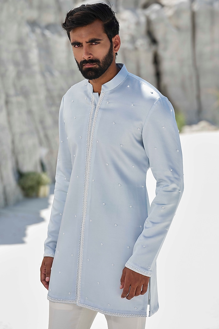 Powder Blue Modal Silk Pearl Embroidered Kurta Set by Amrit Dawani at Pernia's Pop Up Shop