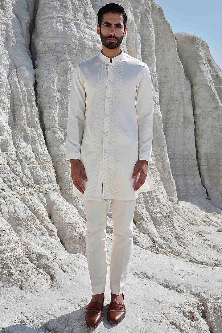 Ivory Modal Silk Pearl Embroidered Kurta Set by Amrit Dawani at Pernia's Pop Up Shop