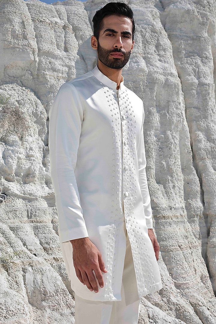 Ivory Modal Silk Pearl Embroidered Kurta Set by Amrit Dawani at Pernia's Pop Up Shop