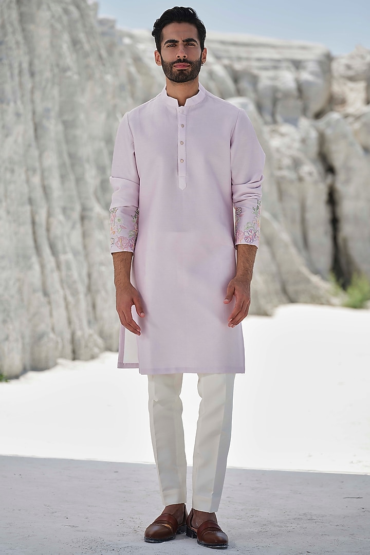 Light Lavender Modal Silk Bead Embroidered Kurta Set by Amrit Dawani at Pernia's Pop Up Shop