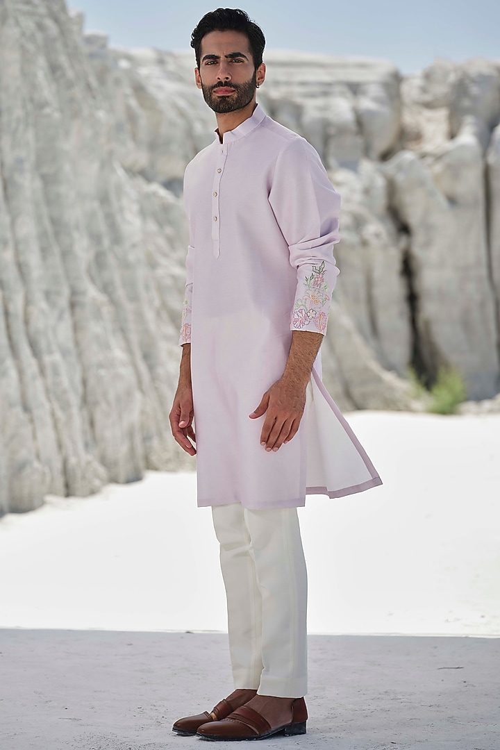 Light Lavender Modal Silk Bead Embroidered Kurta Set by Amrit Dawani at Pernia's Pop Up Shop