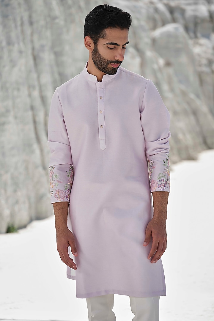 Light Lavender Modal Silk Bead Embroidered Kurta Set by Amrit Dawani at Pernia's Pop Up Shop