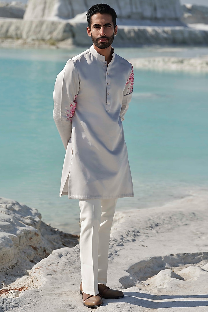 Light Grey Modal Silk Hand Embellished Kurta Set by Amrit Dawani at Pernia's Pop Up Shop
