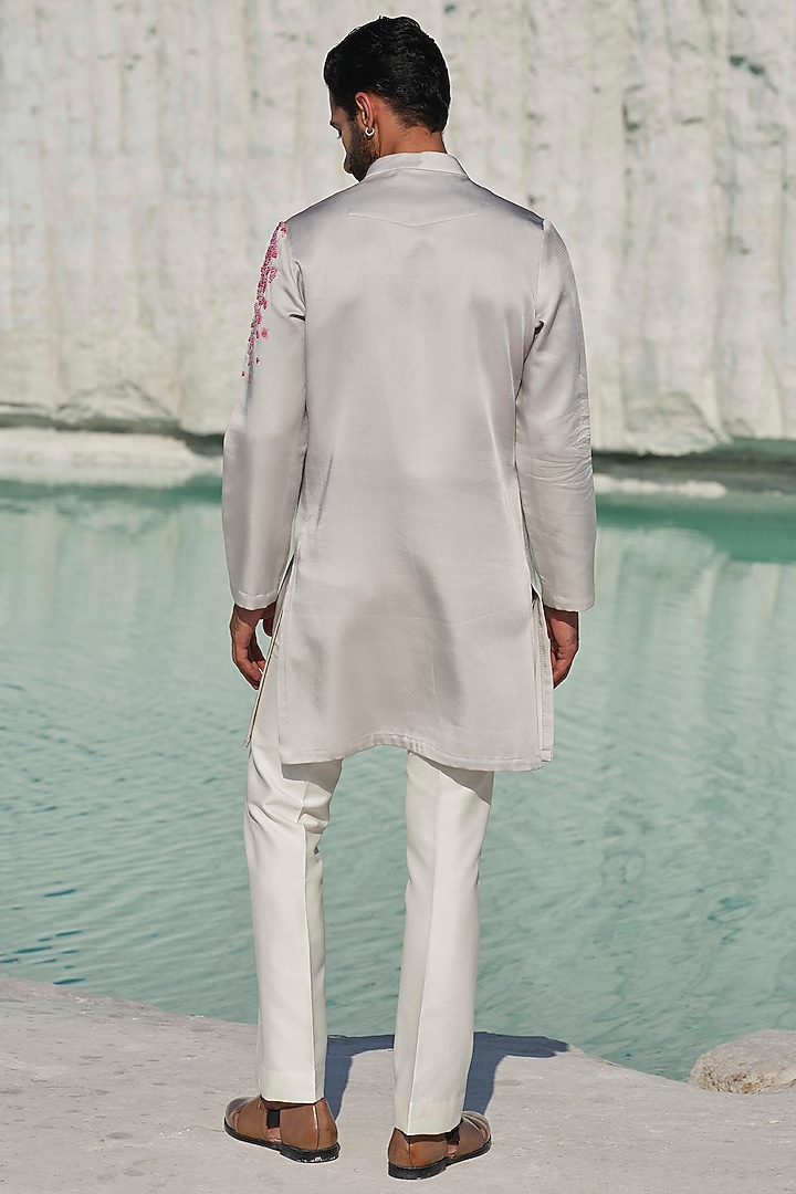 Light Grey Modal Silk Hand Embellished Kurta Set by Amrit Dawani at Pernia's Pop Up Shop
