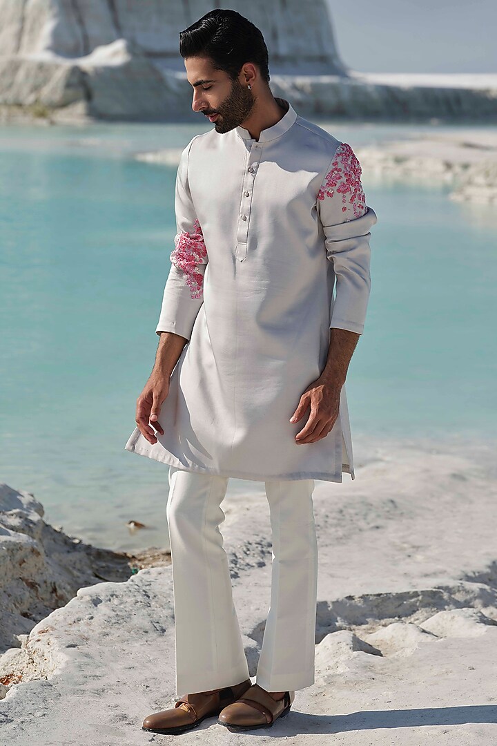 Light Grey Modal Silk Hand Embellished Kurta Set by Amrit Dawani at Pernia's Pop Up Shop