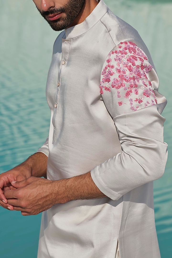 Light Grey Modal Silk Hand Embellished Kurta Set by Amrit Dawani at Pernia's Pop Up Shop