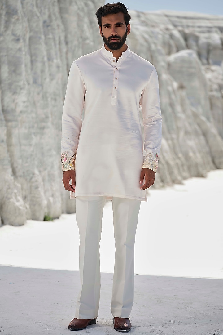 Blush Pink Modal Silk Hand Embroidered Kurta Set by Amrit Dawani at Pernia's Pop Up Shop