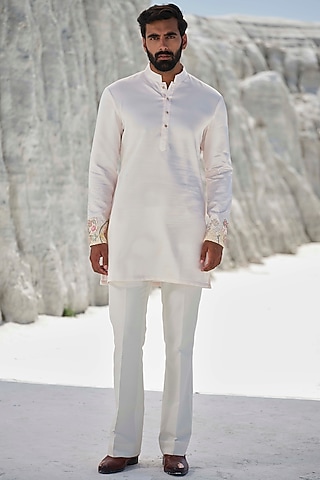 Blush Pink Modal Silk Hand Embroidered Kurta Set by Amrit Dawani