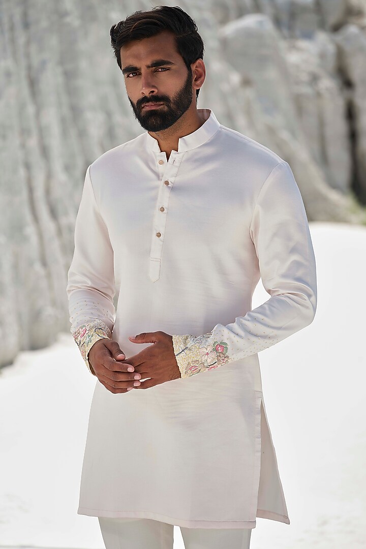 Blush Pink Modal Silk Hand Embroidered Kurta Set by Amrit Dawani at Pernia's Pop Up Shop