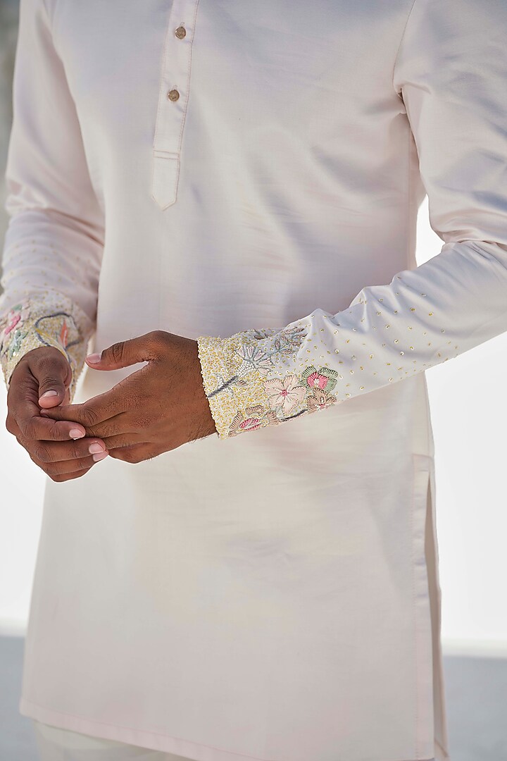Blush Pink Modal Silk Hand Embroidered Kurta Set by Amrit Dawani at Pernia's Pop Up Shop