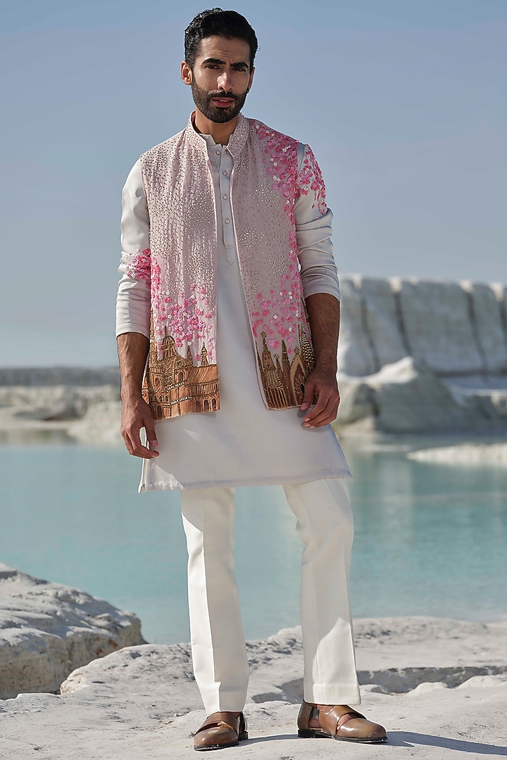 Blush Pink Organza Handpainted & Embellished Bundi Jacket Set by Amrit Dawani at Pernia's Pop Up Shop