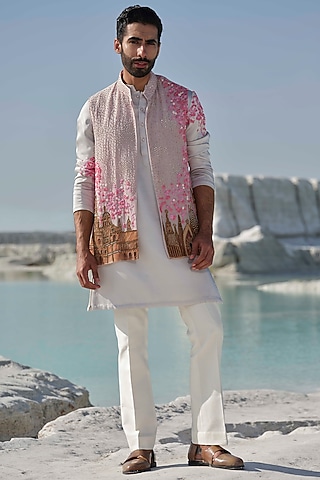Blush Pink Organza Handpainted & Embellished Bundi Jacket Set by Amrit Dawani