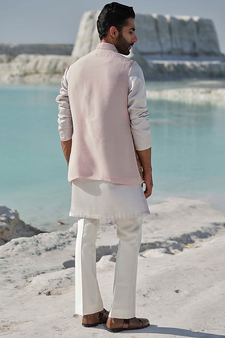 Blush Pink Organza Handpainted & Embellished Bundi Jacket Set by Amrit Dawani at Pernia's Pop Up Shop