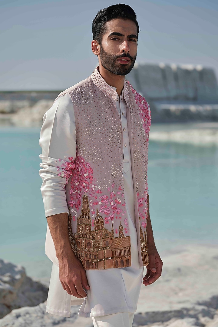 Blush Pink Organza Handpainted & Embellished Bundi Jacket Set by Amrit Dawani at Pernia's Pop Up Shop