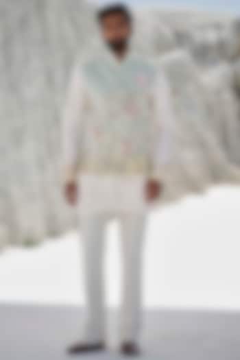 Mint Green Modal Silk Hand Embroidered Bundi Jacket Set by Amrit Dawani at Pernia's Pop Up Shop