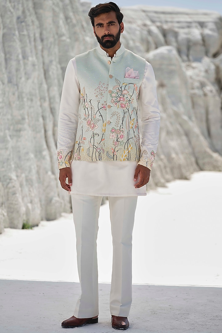 Mint Green Modal Silk Hand Embroidered Bundi Jacket Set by Amrit Dawani at Pernia's Pop Up Shop