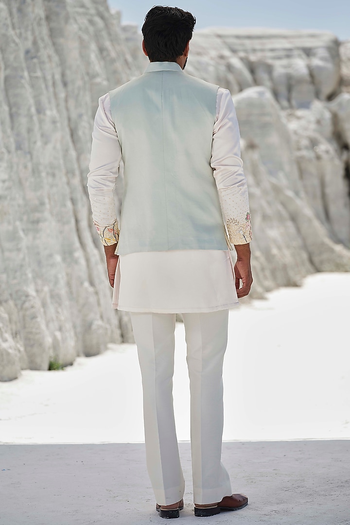 Mint Green Modal Silk Hand Embroidered Bundi Jacket Set by Amrit Dawani at Pernia's Pop Up Shop