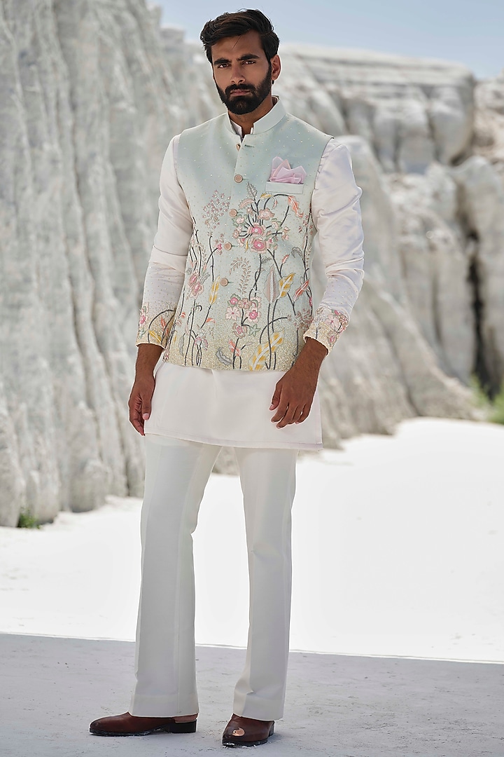 Mint Green Modal Silk Hand Embroidered Bundi Jacket Set by Amrit Dawani at Pernia's Pop Up Shop